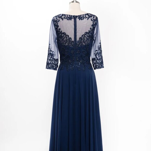 New A-Line Formal Long MOB Gown w/ 3/4 Sleeves & Rhinestones Embroidery TC M2722 - Picture 6 of 8